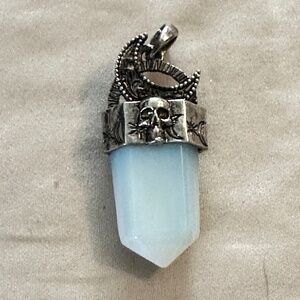 Silver tone, Opalite pendant w/skull & crescent moon